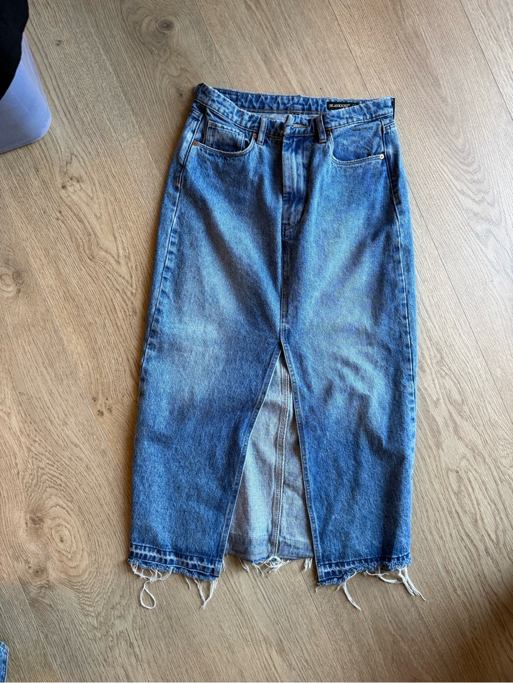 BLANKNYC Denim Maxi Skirt High Rise Front Slit Raw Hem